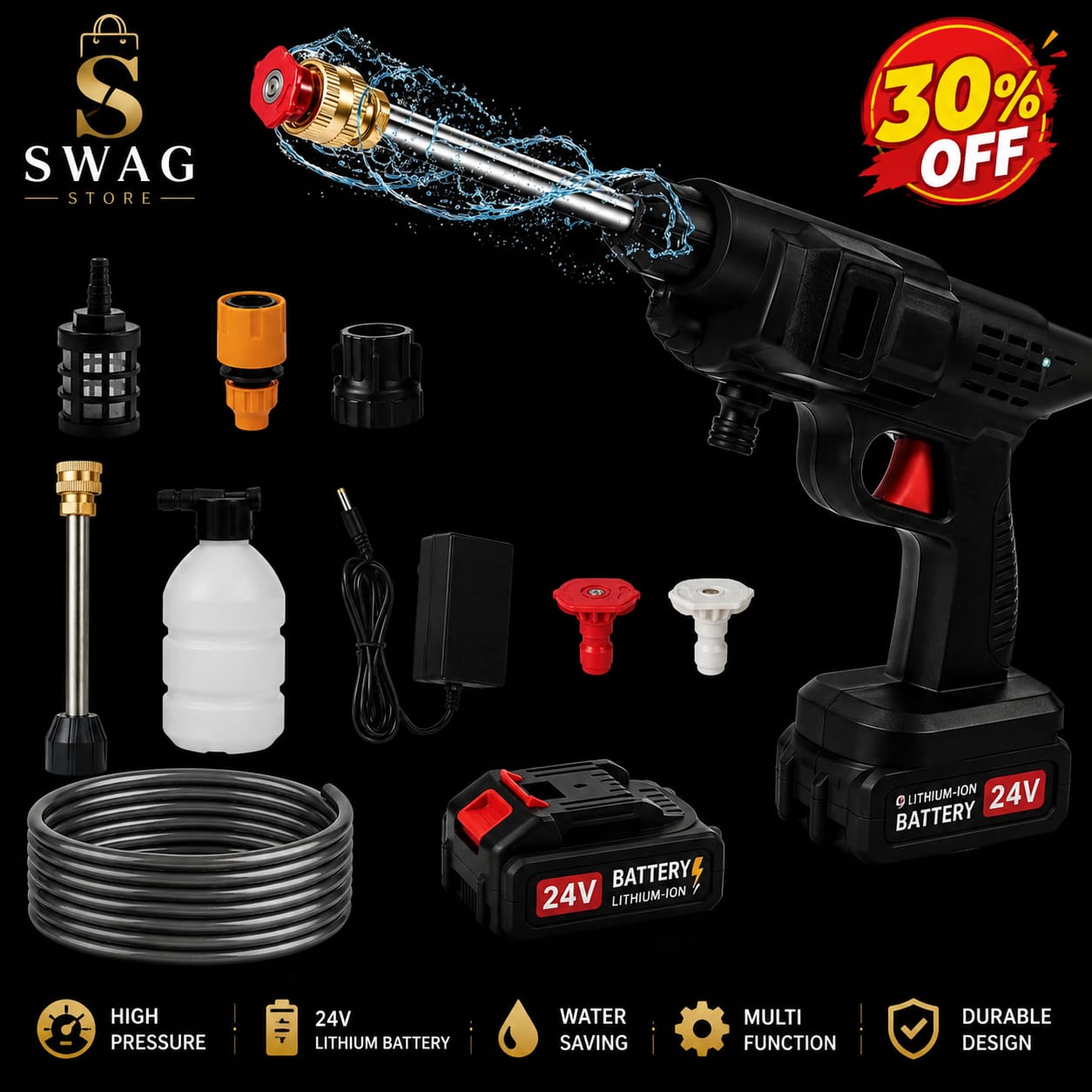 Double Battery High Pressure Car Washer Gun - مسدس غسيل سيارات عالي الضغط يعمل ببطاريتين